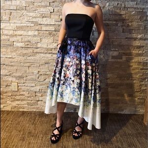 High low strapless floral prom dress